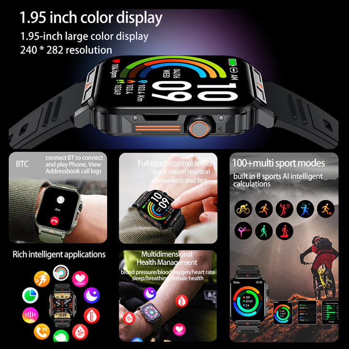 Premium Outdoor Military Smartwatch for Men - Bluetooth Calling, IP68 Waterproof, 100+ Sports Modes, 1.95-inch Display, Heart
