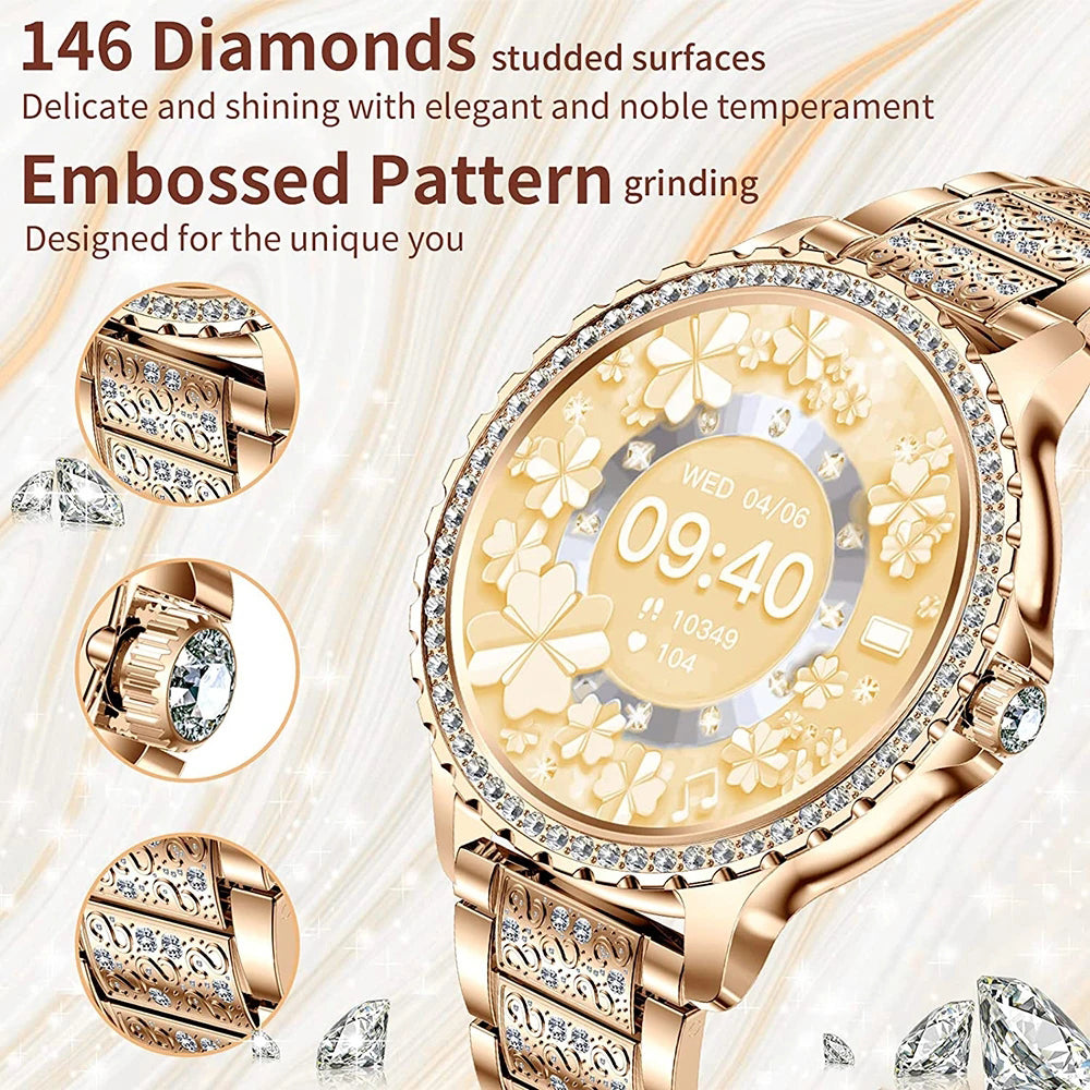 Premium Fashion Smartwatch for Women, 1.04" AMOLED Screen, Bluetooth Call, Metal Body, IP68 Waterproof, Heart Rate, Music 