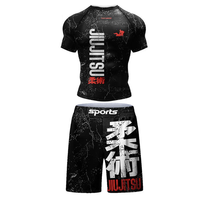 Premium Jiu Jitsu Rash Guard Set – 4-Piece MMA Sportswear Kit for Men, Includes Kimono T-shirt, Pants, Muay Thai Shorts, and 