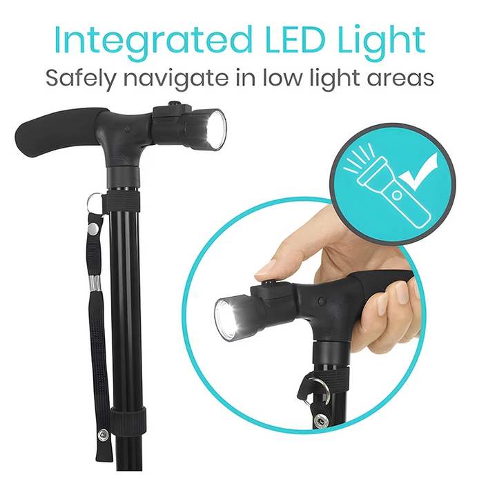 Premium Collapsible Telescopic Elder Cane – LED Walking Stick, Adjustable Folding Crutch for Seniors, Shock Absorber System, 