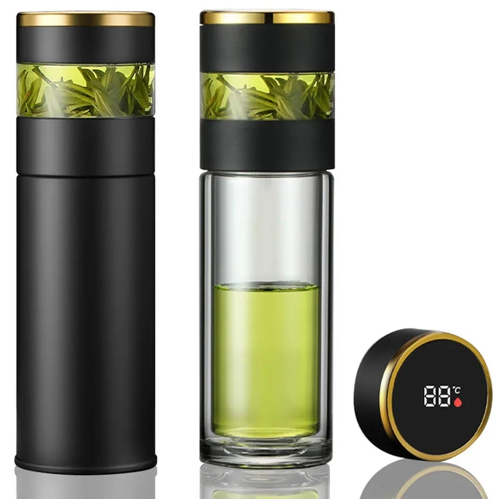 Premium Stainless Steel Tea Infuser Thermos with LED Temperature Display – 450ML Insulated Coffee Mug with Tea Separation, 